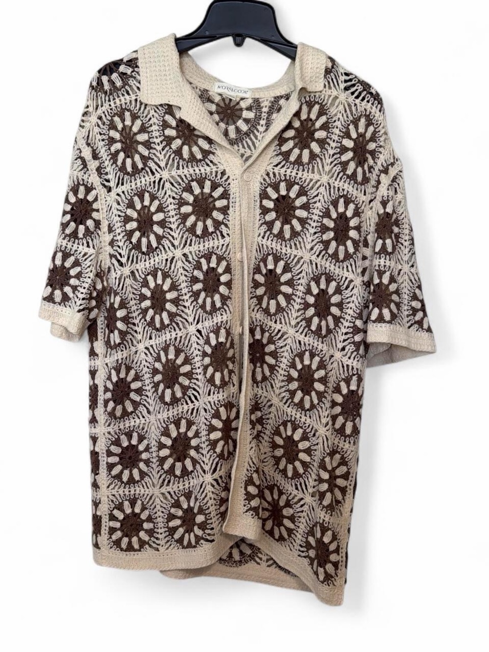 Crochet Openwork Short-Sleeve Cardigan in Cream & Brown